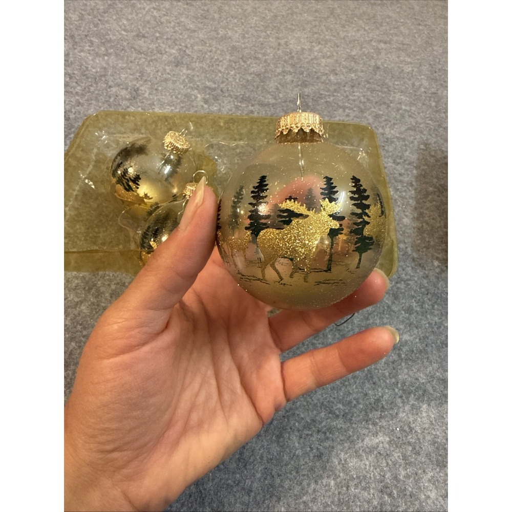 Holiday Time Glass Christmas Ornaments Clear Moose Tree Scene Gold Accent